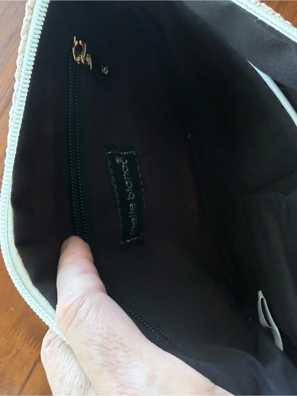 Melie Bianco Cream Knit Zip Pouch with Black Script